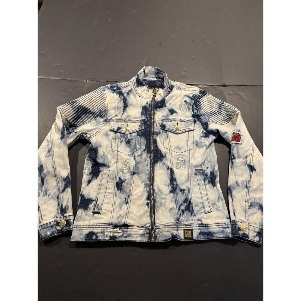 Makobi Men's Premium Denim Biker Jacket Tie Dye Blue/ White Acid Wash - Medium